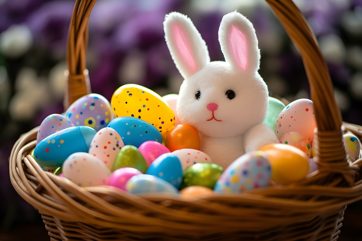 A white stuffed Easter bunny sits in a brown basket surrouded by colorful eggs.
