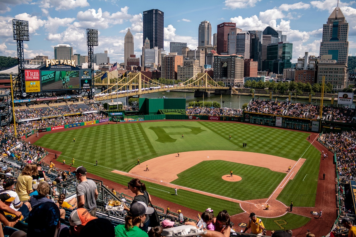 A view from inside of PNC Park in Pittsburgh, PA, from the upper infield.