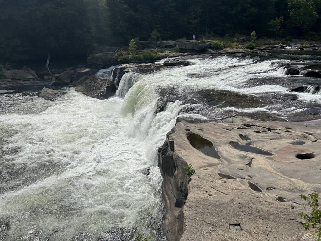 A photo of Ohiopyle Falls, a waterfall, dropping over rocks. Trees are in the background.
