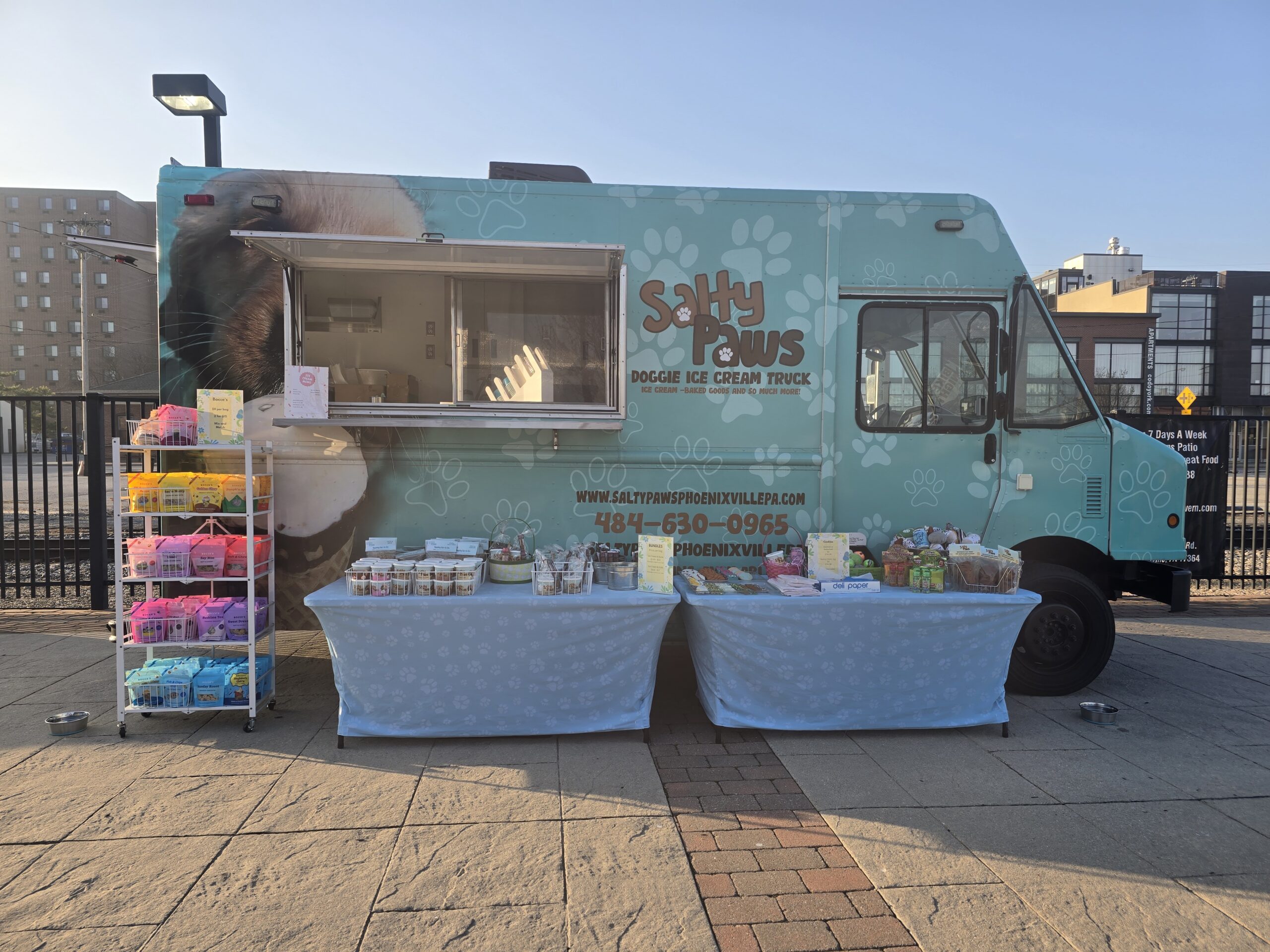 A light green truck for Salty Paws Phoenixville, the first doggy ice cream truck in Pennsylvania.