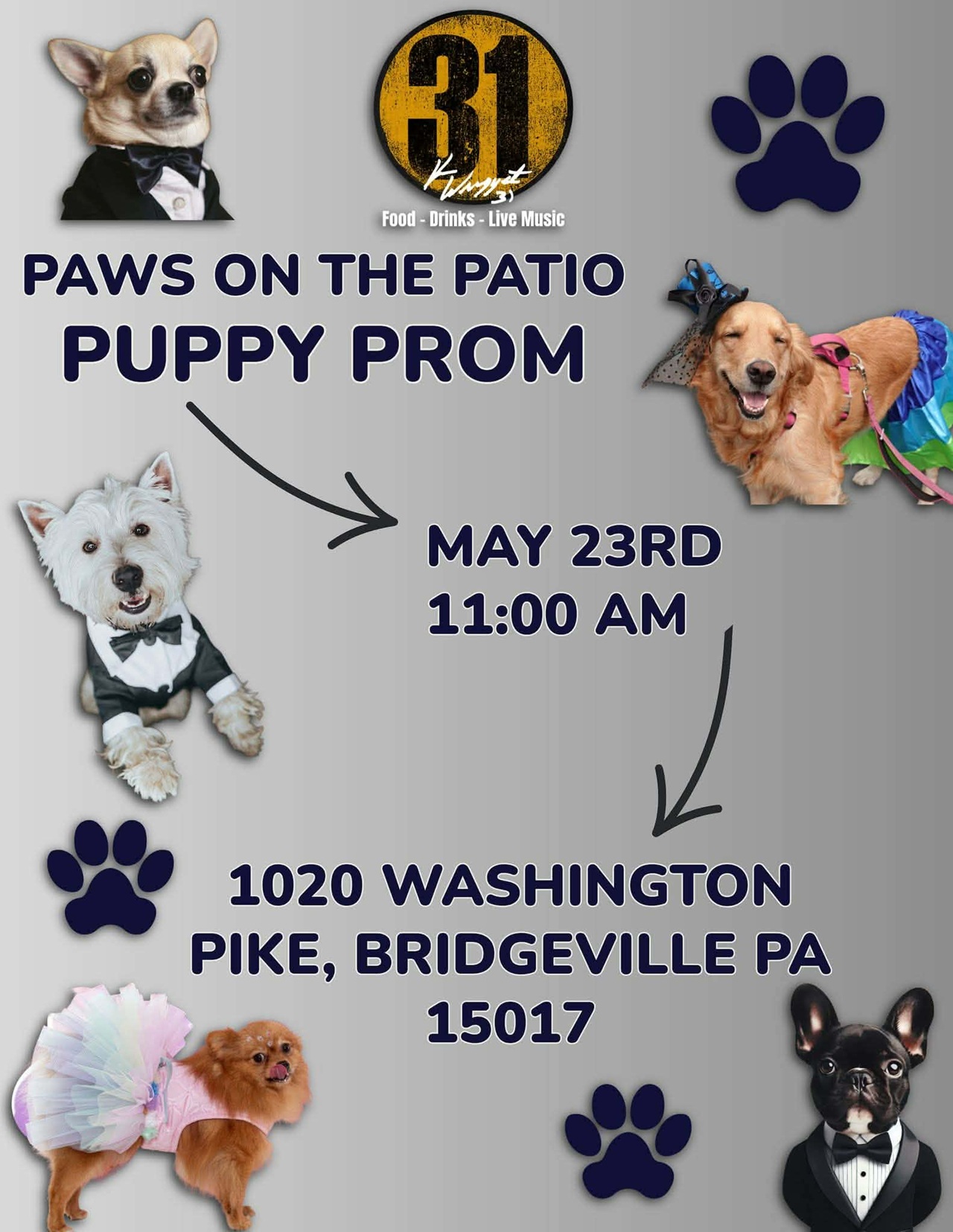 A flyer that states: 31 - Sports Bar & Grille Paws on the Patio PUPPY PROM May 23rd 11 a.m. 1020 Washington Pike Bridgeville, PA 15017