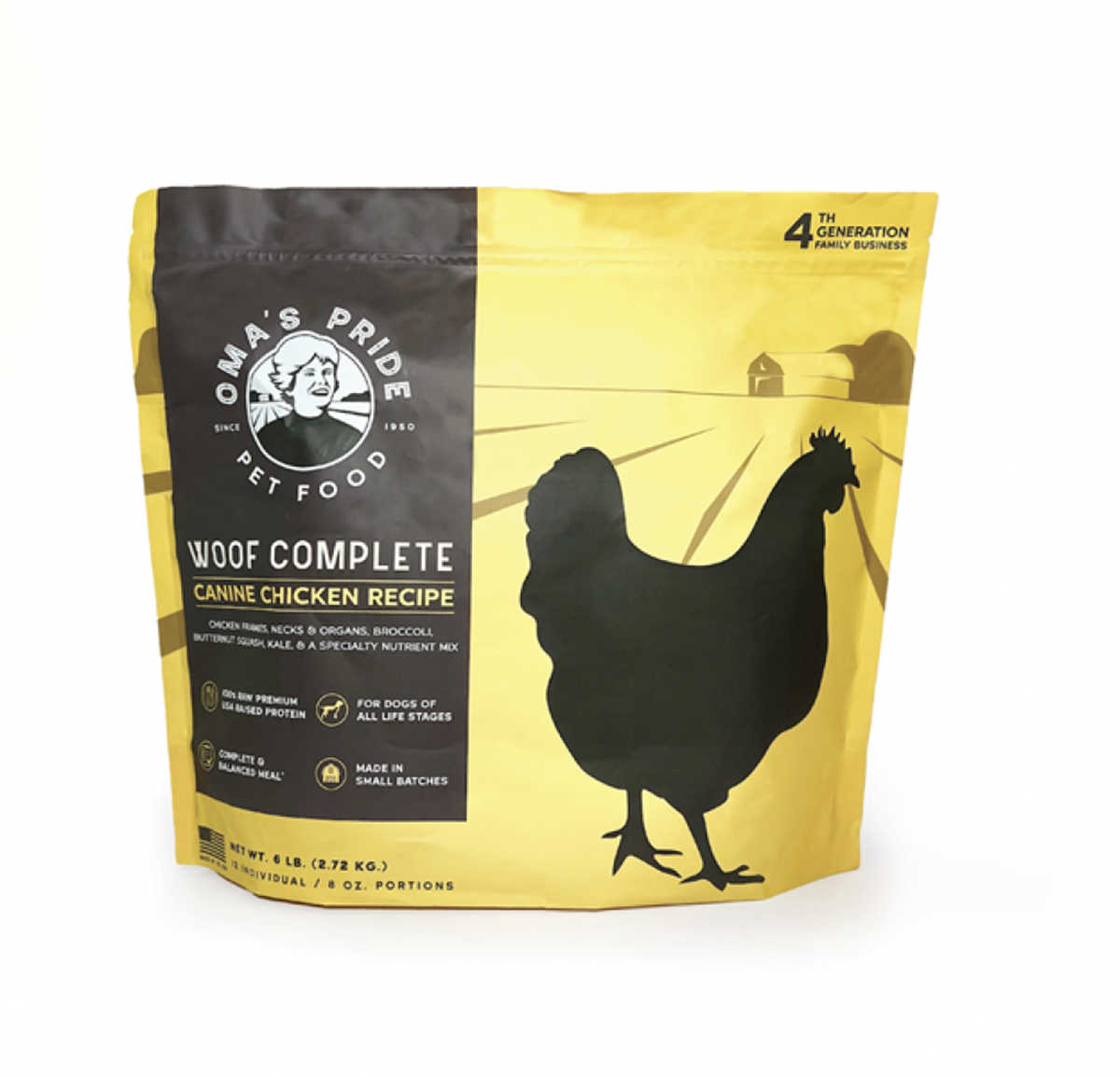 A photo of Oma's Pride Woof Complete Canine Chicken Recipe, a recalled product.